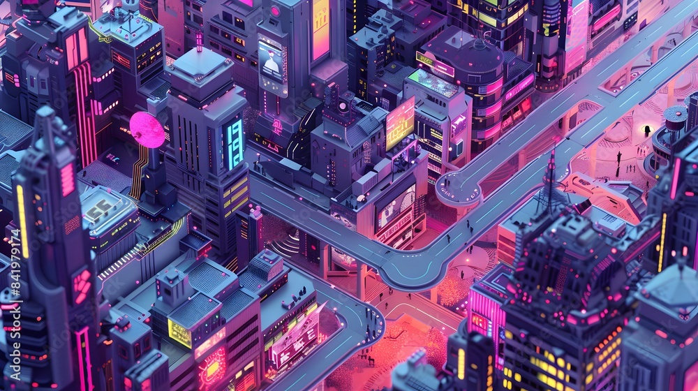 Obraz premium futuristic 3d isometric cityscape with neon lights