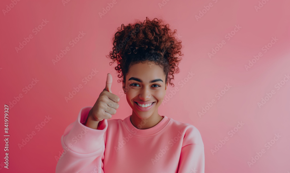 Young curly african american girl in a pink sweatshirt smiling with healthy teeth showing thumb up at copy space expressing wow emotion standing isolated on pink background