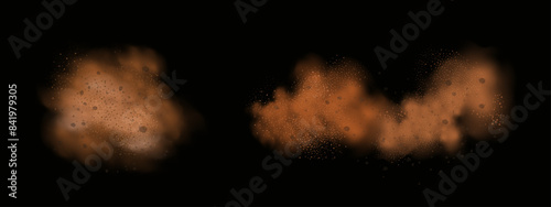 Vector background of a sand explosion with dirt and cloud smoke. Brown sandstorm splash and  dirty ground with a textured wind effect.Yellow flying particles and stone.