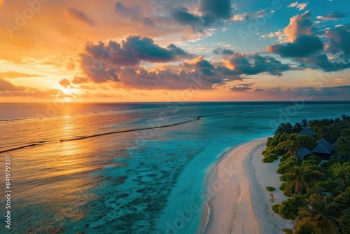 A breathtaking sunset over the turquoise waters of an island in Maldives, with palm trees and sandy beaches creating a picturesque scene Generative AI © SKIMP Art