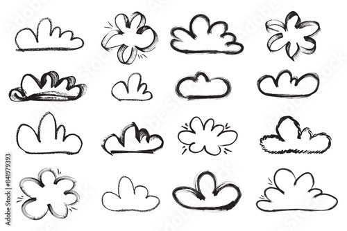 Grunge brush clouds. Scribble set of ink grunge clouds shapes icons drawn with markers and crayons 