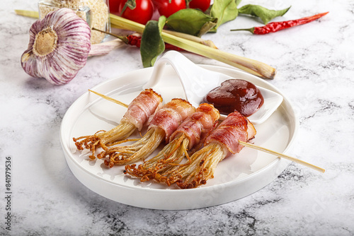 Grilled enoki mushroom with bacon photo