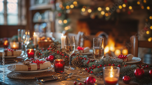 Cozy Christmas Eve dinner table setting with candles and wine