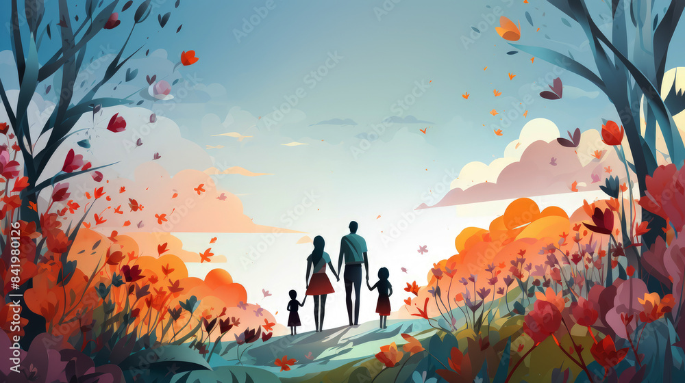 Fototapeta premium generated illustration of Father, son and daughter having fun on a walk, happy father's day