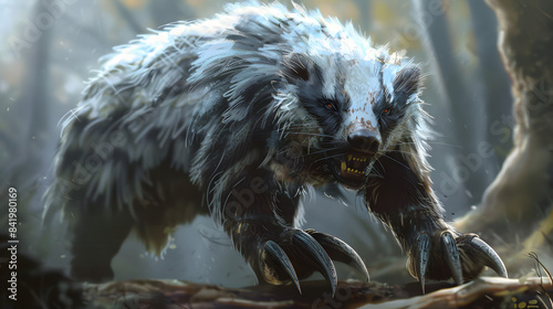 A lifelike fantasy portrayal of a wrathful and grimy woolly badger with keen talons.  photo