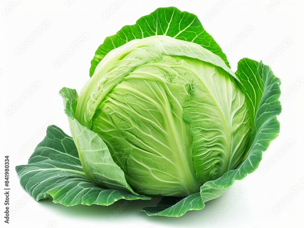 Green cabbage heads on top of each other against a white background. Green cabbage heads on top of each other against a white background.