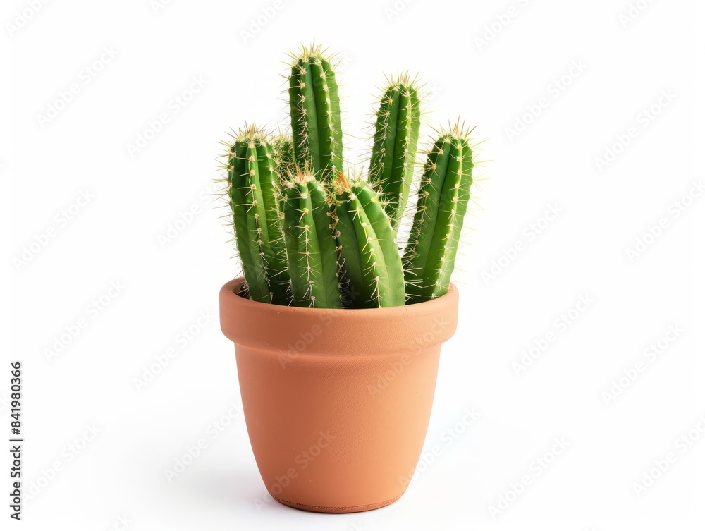 A small cactus in a clay pot on a white background. A small cactus in a clay pot on a white background.