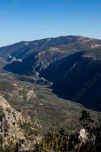 Greek hillside view looking down on Delphi