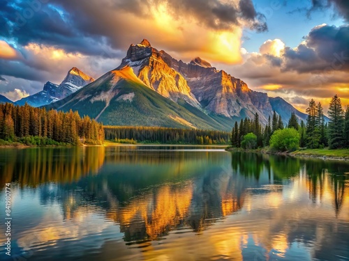 Majestic mountain and lake landscape glowing in golden hour light  majestic  mountain  lake  landscape  golden hour  beautiful  serene  tranquil  reflections  scenic  nature  wilderness  sunset