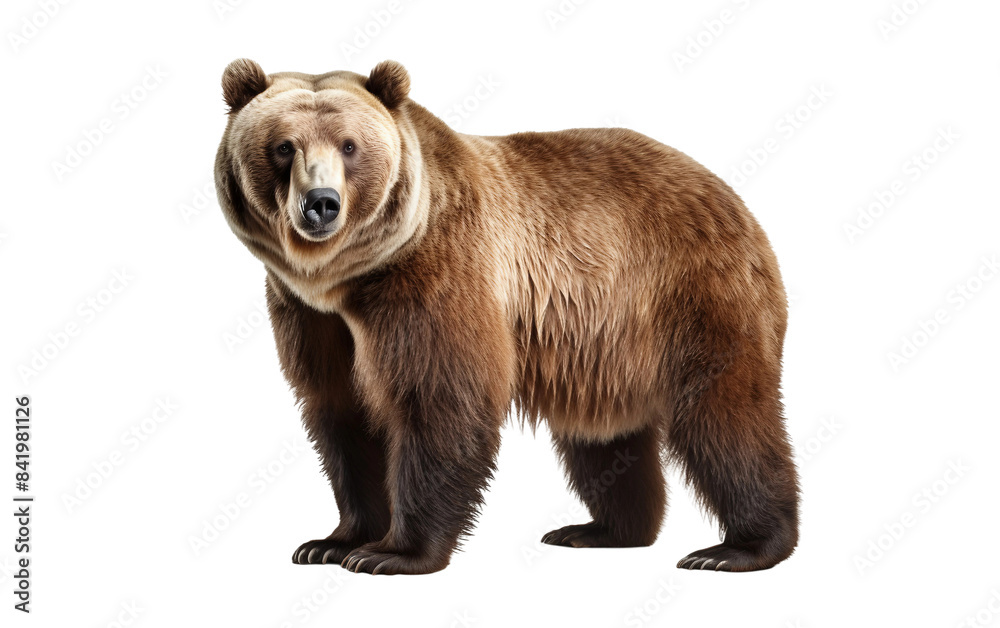 Full-body image of a brown bear standing isolated on a white background, with detailed fur texture and a calm expression