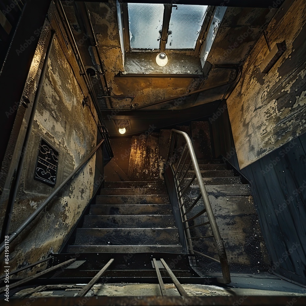 a staircase in an abandoned building