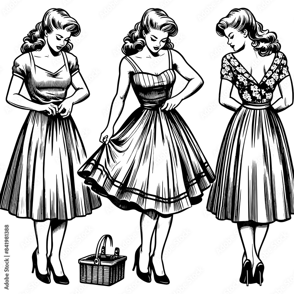 three women wearing 1950s style dresses, showcasing classic vintage fashion and elegance sketch engraving generative ai PNG illustration. Scratch board imitation. Black and white image. three women wearing 1950s style dresses, showcasing classic vintage fashion and elegance sketch engraving generative ai PNG illustration. Scratch board imitation. Black and white image.