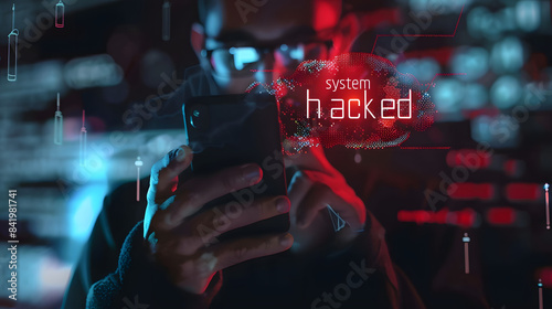 A man holding his phone with the words system hacked written on it. and an icon of cyber attack in red color is floating above him  photo