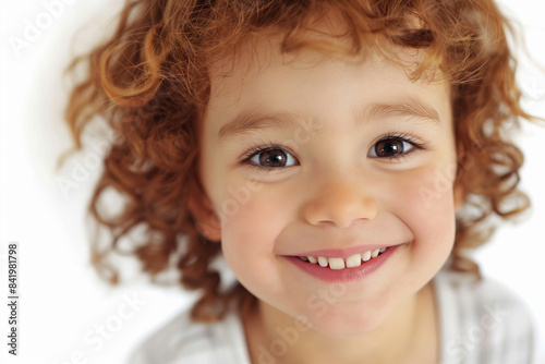 a child smiling with red curly hair