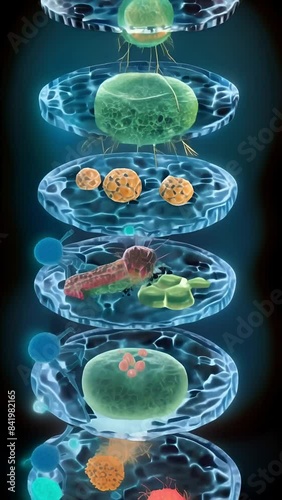 A vertical view of the cell's world, showing a variety of organelles, from powerhouse mitochondria to protein-producing ribosomes