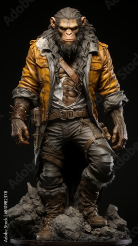 A powerful warrior ape in a detailed costume featuring a rugged leather jacket, belts and armor standing on rocky terrain against a dark background
