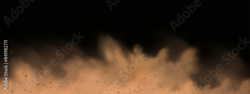 Vector background of a sand explosion with dirt and cloud smoke. Brown sandstorm splash and  dirty ground with a textured wind effect.Yellow flying particles and stone.