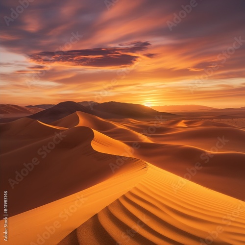 A vast desert at sunset  with undulating sand dunes casting long shadows and the sky painted in a palette of fiery oranges and purples  capturing the desolate beauty of the wilderness.