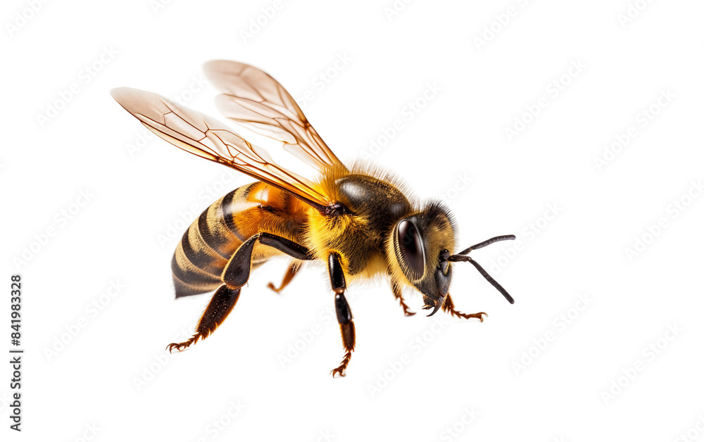 Detailed image of a honeybee showcasing its wings, body hair, and compound eyes, isolated against a white background Detailed image of a honeybee showcasing its wings, body hair, and compound eyes, isolated against a white background