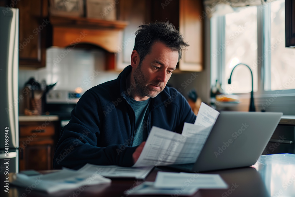 Man reviewing documents and using laptop at kitchen table. Home finance and tax calculation concept. Indoor candid photography Man reviewing documents and using laptop at kitchen table. Home finance and tax calculation concept. Indoor candid photography