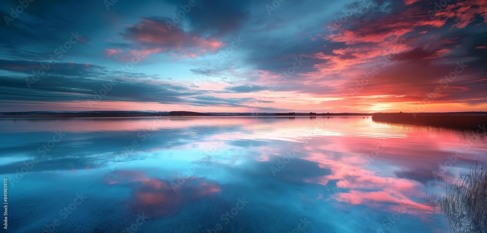 A vast, reflective lake at sunset, with the sky and water painted in deep hues of red, white, and blue, offering a moment of tranquility and reflection.