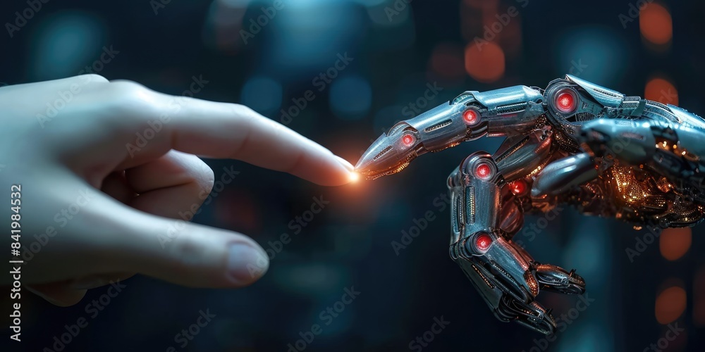 The close up picture of the human and robot finger is pointing to each ...