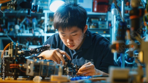 The picture of the east asian male teenager is working on the mechanical robot in his own workshop  the technician also require skill like technical knowledge  time management and experience. AIG43.