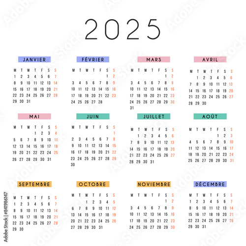 French calendar 2025 year. Vector stationery square calendar week starts Monday. Yearly organizer. Simple calendar template in minimal design. Business illustration.