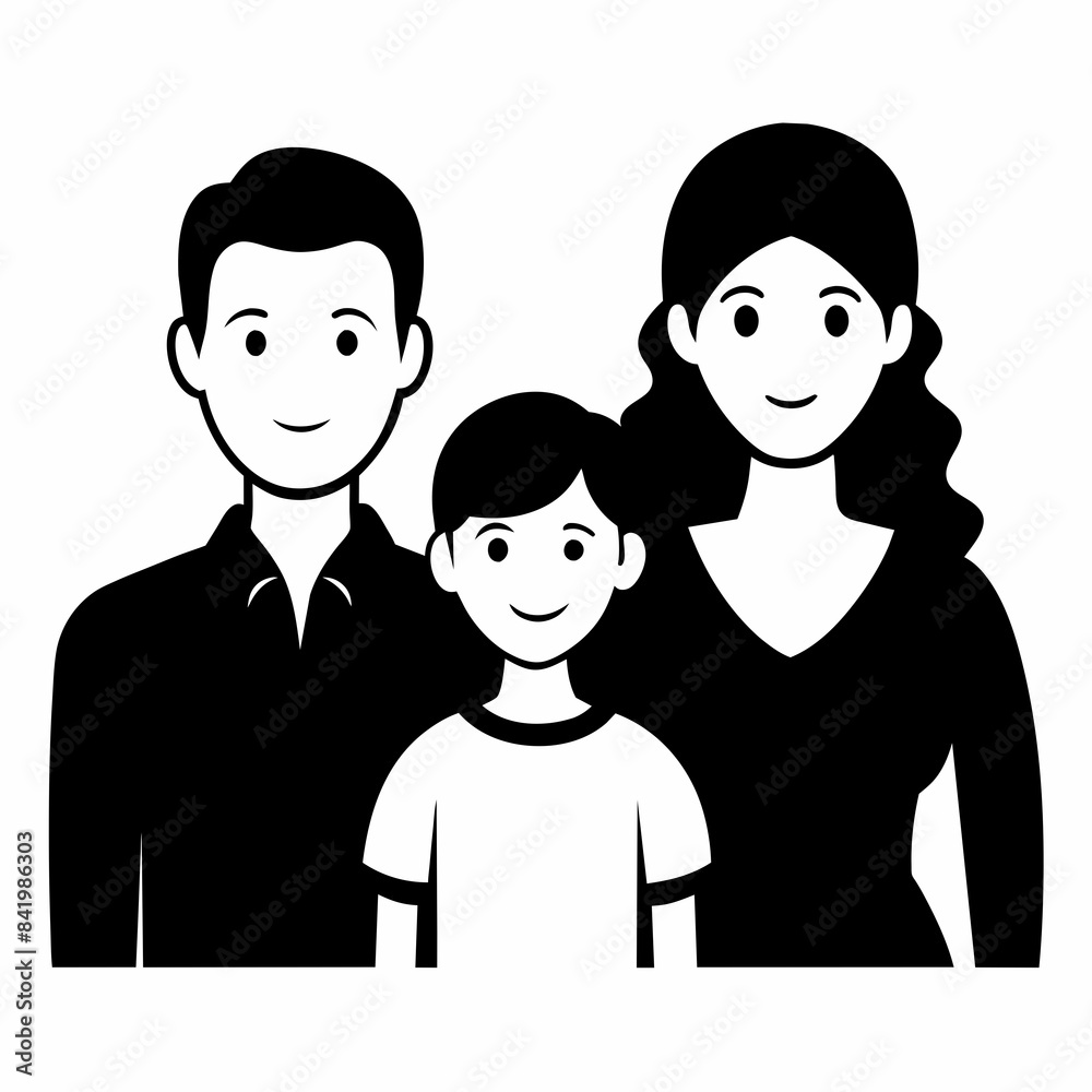 Happy family with mother, father and two children, vector silhouette on white background Happy family with mother, father and two children, vector silhouette on white background