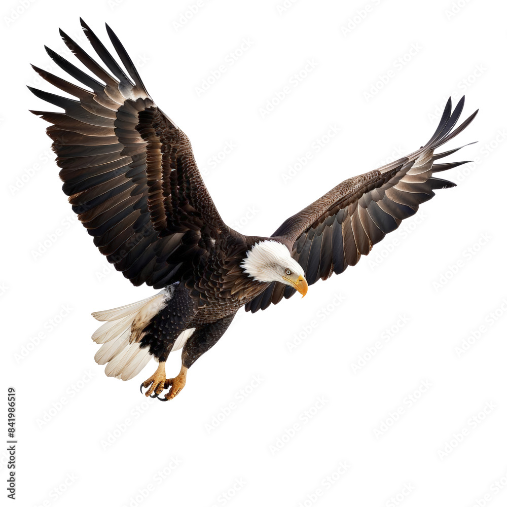 A majestic bald eagle in mid-flight with wings spread wide. Perfect for wildlife, nature, and bird photography enthusiasts. isolated on transparent background.