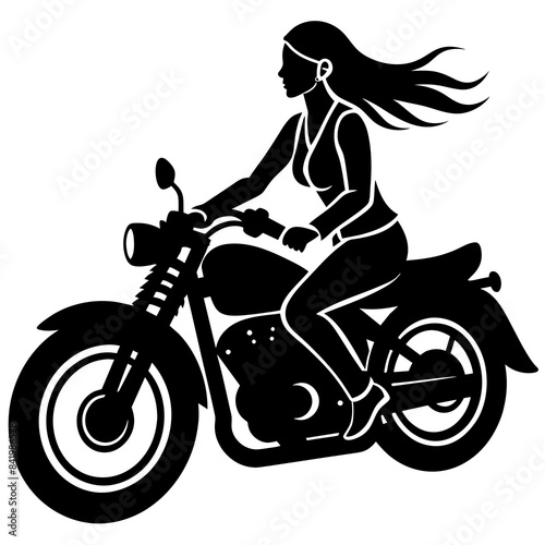 Modern lady biker riding a motorcycle at full speed on the road vector silhouette