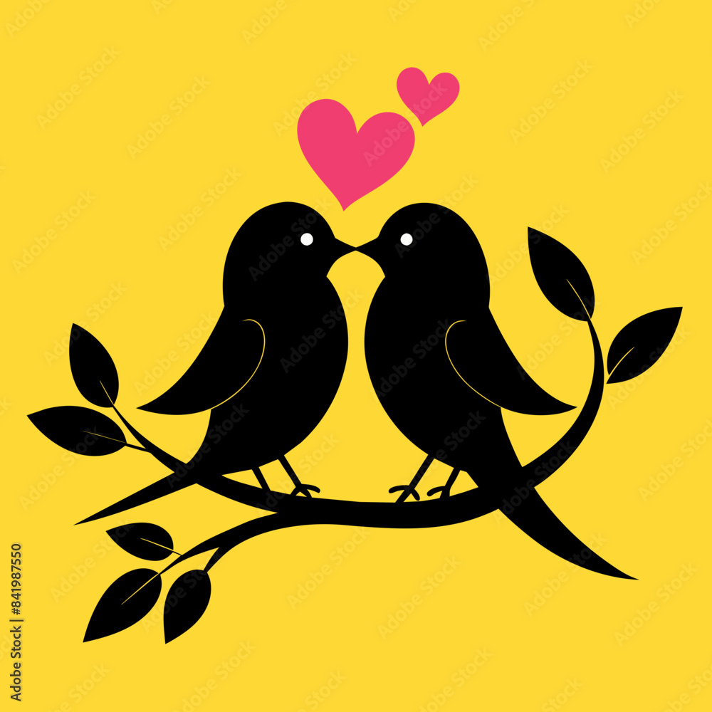 Couple Birds in Love on Branch Vector silhouette on white background Couple Birds in Love on Branch Vector silhouette on white background