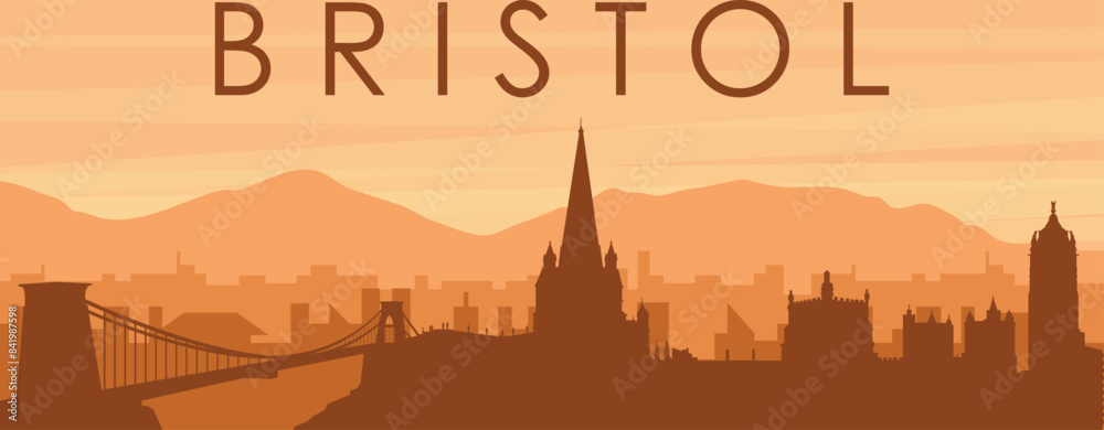 Brown panoramic poster of the city skyline with misty background buildings, sunrise, clouds and mountains of BRISTOL, UNITED KINGDOM Brown panoramic poster of the city skyline with misty background buildings, sunrise, clouds and mountains of BRISTOL, UNITED KINGDOM