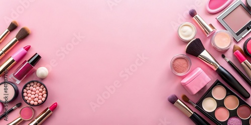 Pink background with a border of makeup products, including blush, lipstick, and cosmetic products, makeup, blush, lipstick, cosmetics, pink, background, border, modern, fashionable, design