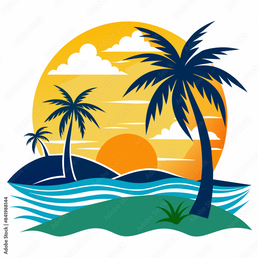 Obraz premium Beach With Sunset Vector Silhouette on white background