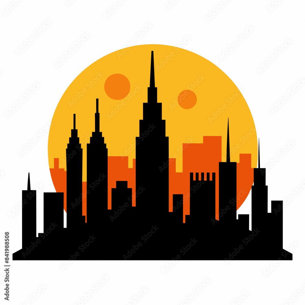 Fototapeta premium City With Sunset vector silhouette on white background