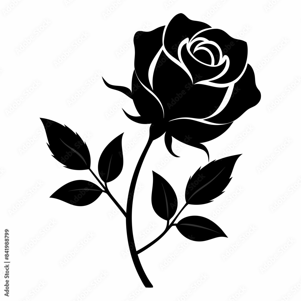 A rose flower with leaves and branches silhouette on white background A rose flower with leaves and branches silhouette on white background