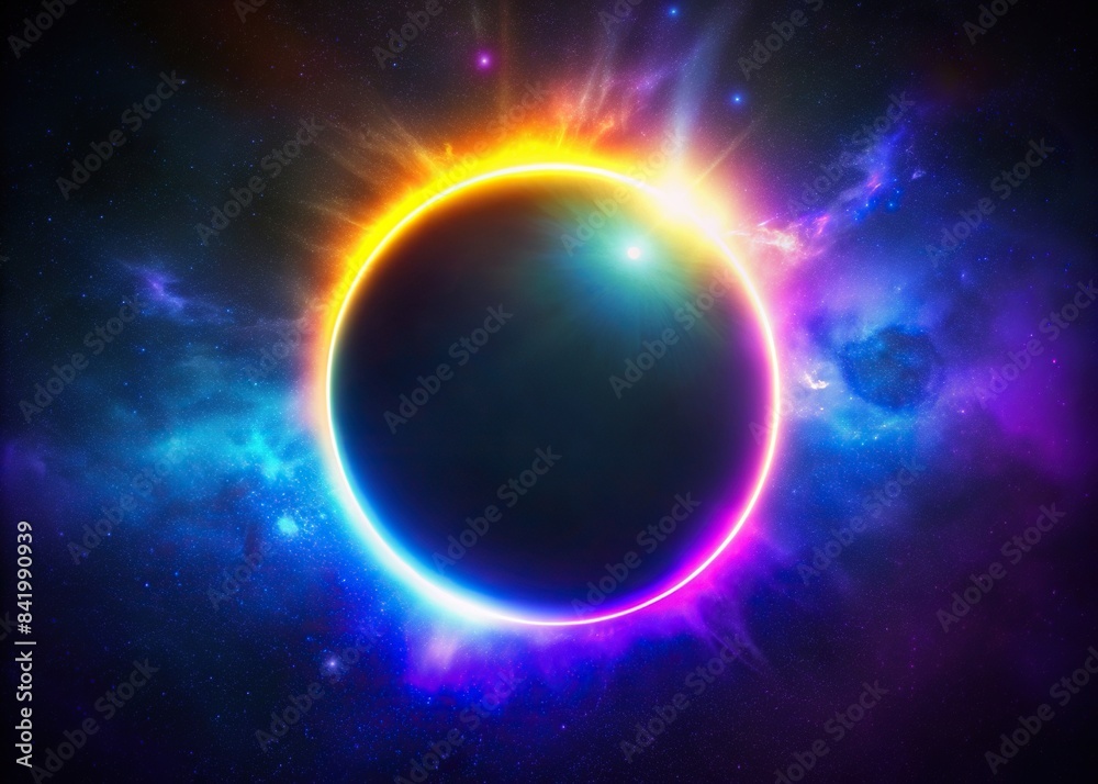 Solar eclipse overlay effect with neon blue, yellow, green, purple blazing star edge behind a planet in a dark sky, solar eclipse, overlay effect, neon colors, blue, yellow, green