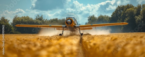 Vintage biplane landing on a field