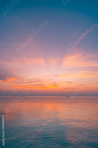 Beautiful sea ocean horizon. Skyscape seascape. Orange gold purple  sunset sky reflection calmness water surface  tranquil relaxing sunlight  summer mood. Inspirational nature view  wide horizon sky. 