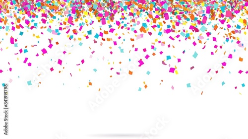 Colorful confetti falling on white background, festive birthday party decoration. Vibrant celebration atmosphere with multicolored paper pieces. Perfect for parties, celebrations, and joyful events.
