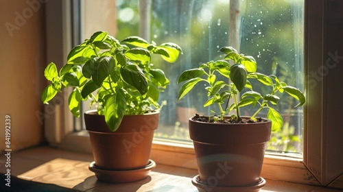 Basil pots on a window