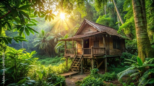 A weathered, wooden Thai house nestled amongst lush, green jungle foliage, sunlight filtering through the canopy, creating dappled shadows on the worn wooden floor, old thai house, jungle