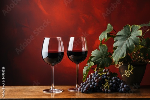 red wall, two glasses of wine and grapes on the table, minimalist style, Blank background illustration for product presentation, with space for text.