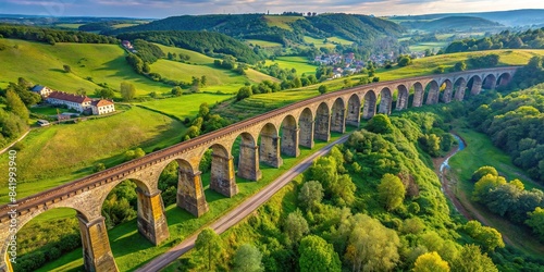 A weathered Austro-Hungarian railway viaduct arches over a verdant valley in the village of Plebanivka, Ternopil region, Ukraine, captured from a high aerial perspective photo