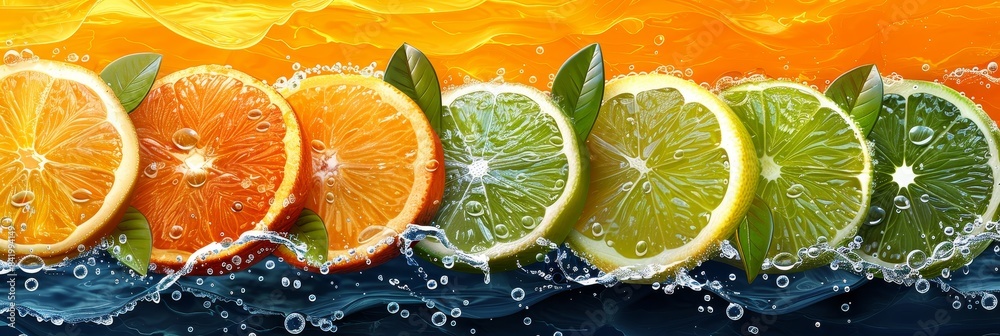 Vibrant Citrus Fruit Halves Floating in Sparkling Water Vibrant Citrus Fruit Halves Floating in Sparkling Water
