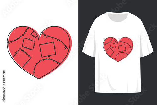 T shirt print design with stitched heart logo. Heart with patches. Vector illustration