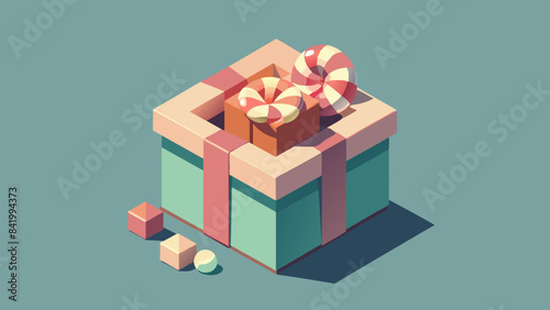 Isometric Gift Box with Candy Cane Illustration on Pastel Background