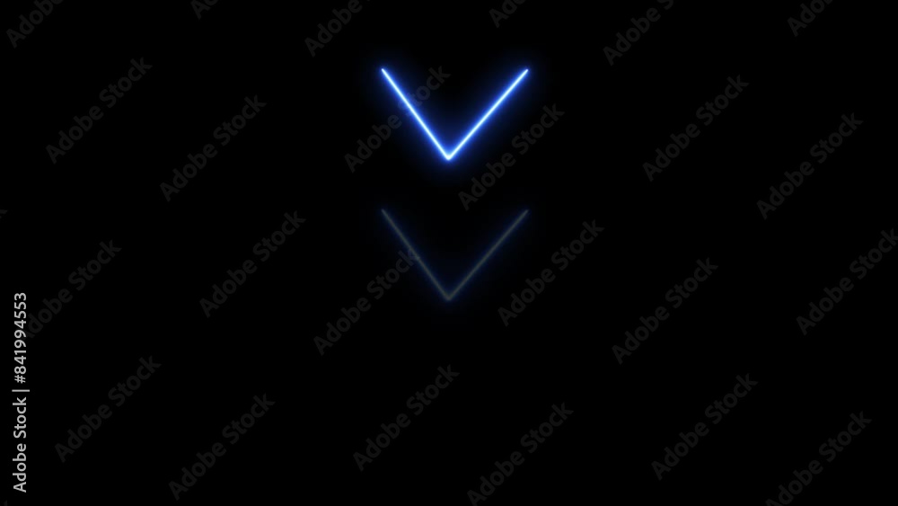 Abstract beautiful blue neon down side directional arrow icon animation, on black background 4k video.