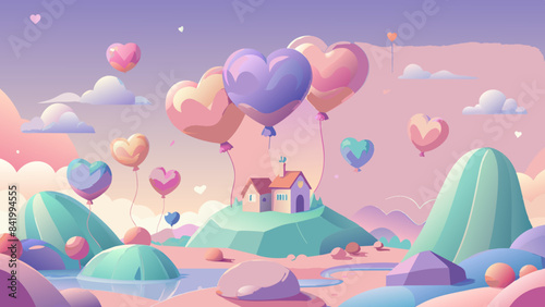 Whimsical Landscape with Heart-Shaped Balloon Illustration